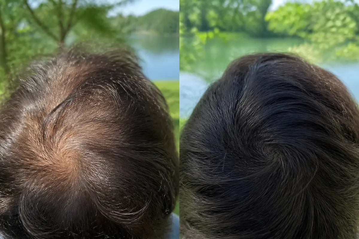 Comparaison avant-après de la densité des cheveux avec un arrière-plan naturel et flou.